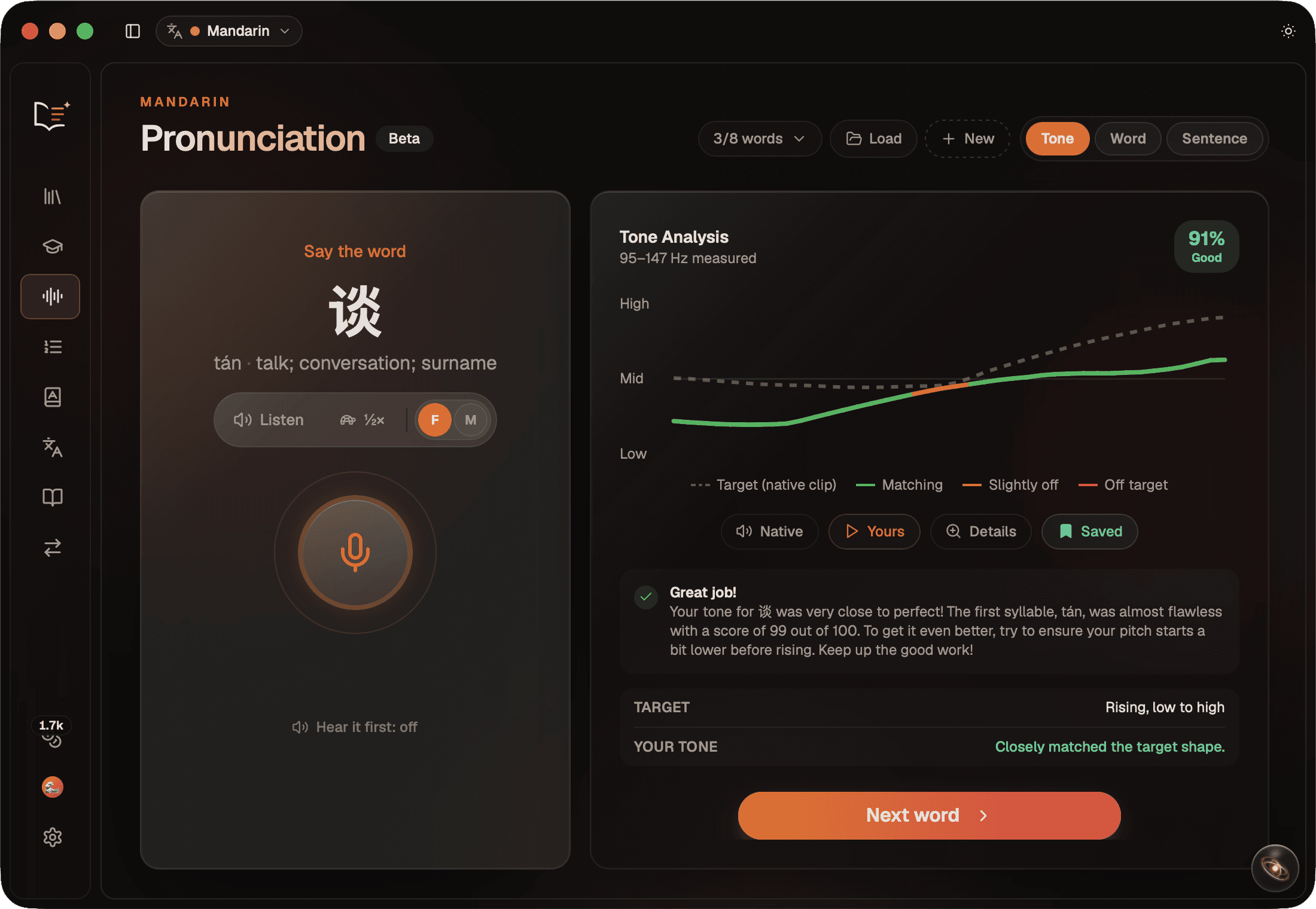 The Tone tab of the Pronunciation screen: a word's hanzi and pinyin on the left with a record button, and on the right a pitch contour chart comparing the target tone shape to the user's recorded pronunciation, scored 91% Good.