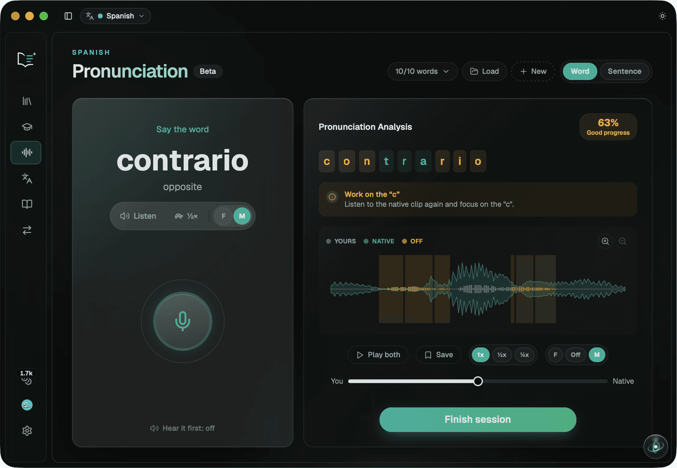 The Pronunciation screen: the Spanish word contrario with a record button on the left, and on the right a pronunciation analysis scored 63% Good progress, each letter scored on its own, a note to work on the c, and a waveform of the learner's recording laid over the native clip.
