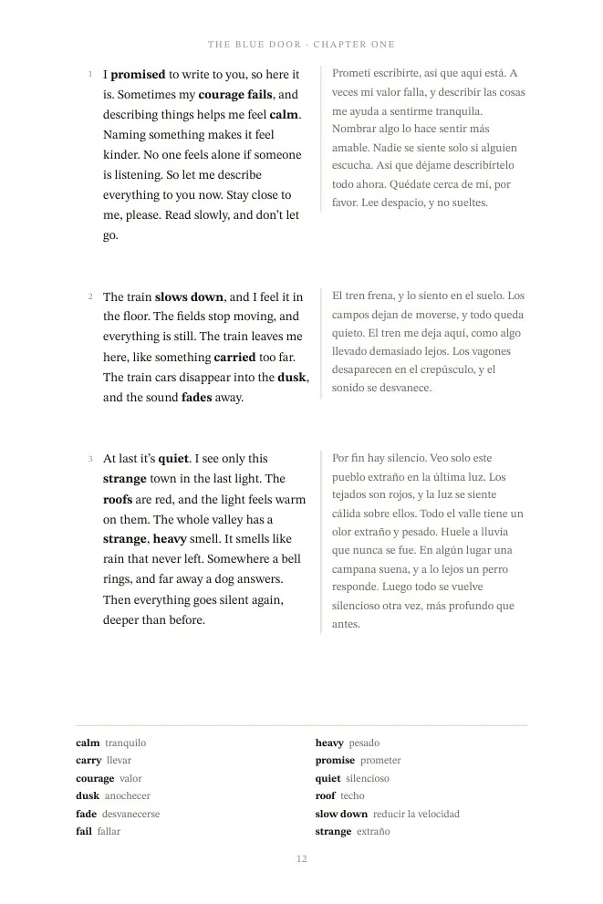 Leer en inglés nivel principiante: A story page, with its words at the foot