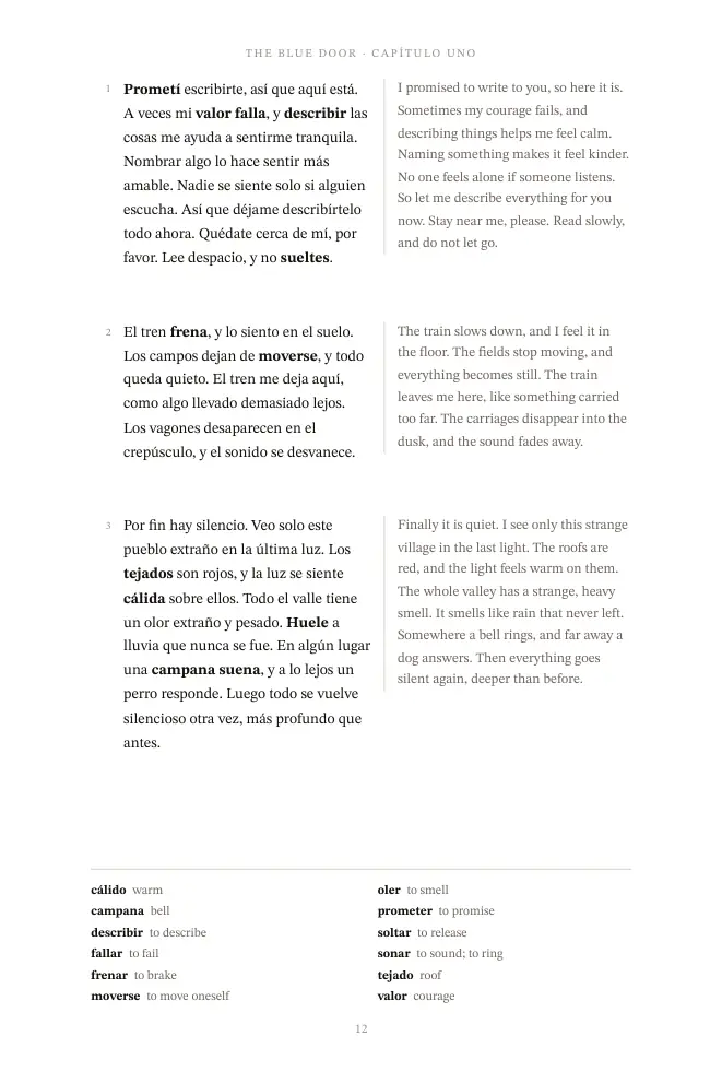 Read in Spanish Beginner: A story page, with its words at the foot