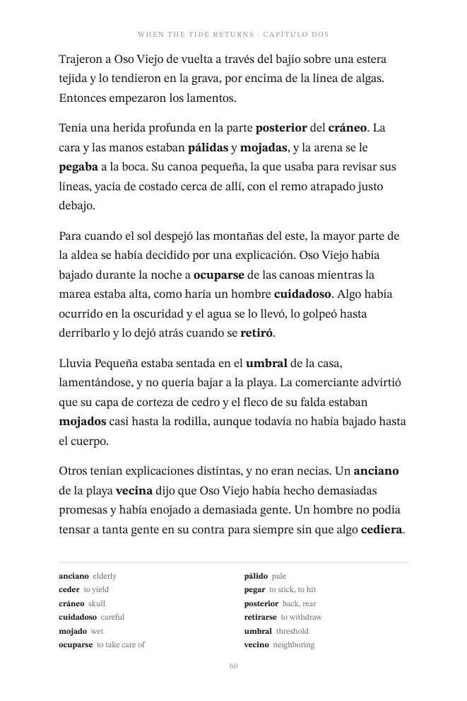 Read in Spanish Intermediate: A story page, with its words at the foot