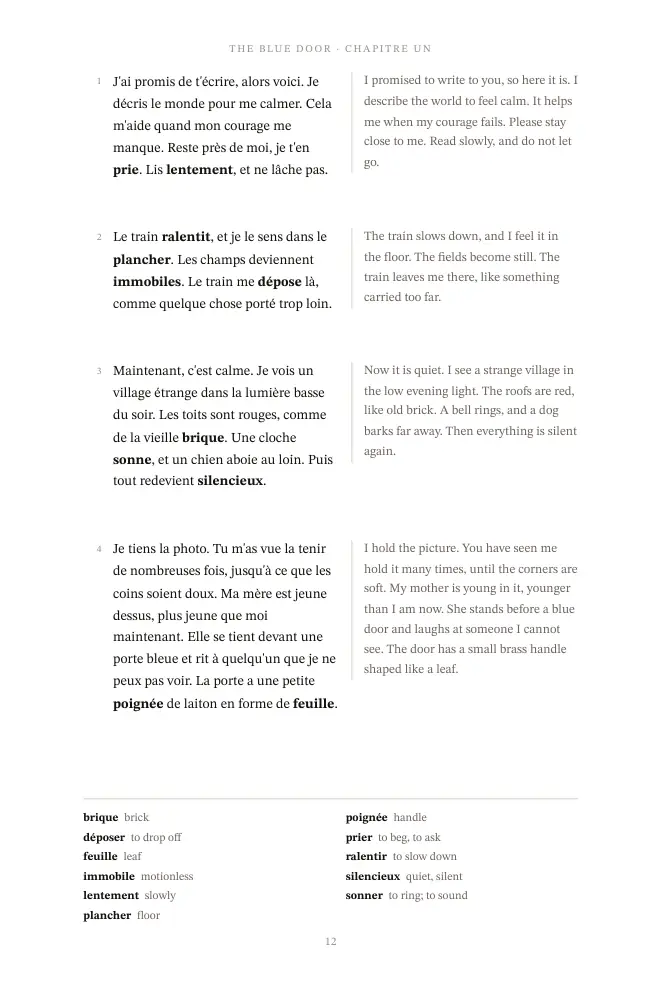 Read in French Beginner: A story page, with its words at the foot