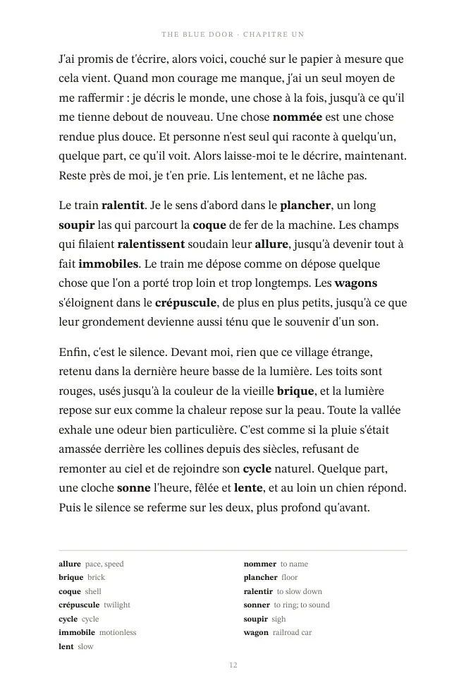 Read in French Intermediate: A story page, with its words at the foot
