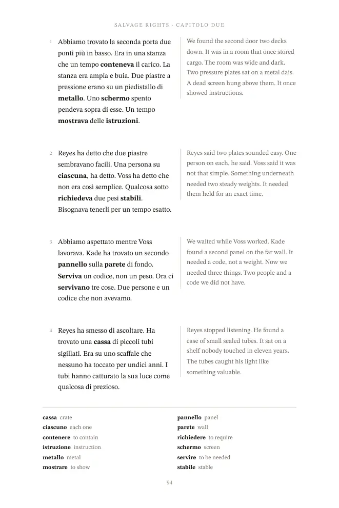 Read in Italian Beginner: A story page, with its words at the foot