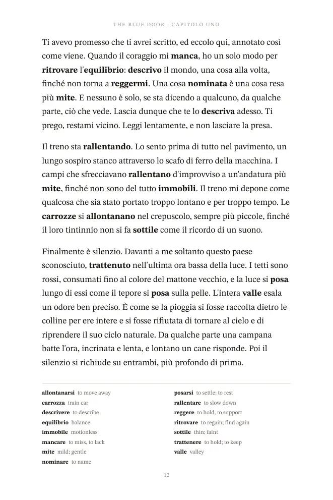Read in Italian Intermediate: A story page, with its words at the foot