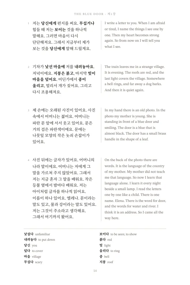 Read in Korean Beginner: A story page, with its words at the foot